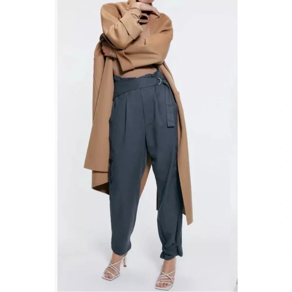ZARA Woman’s Jules High Rise Tapered Leg Trousers with Belt and Pockets Size XL